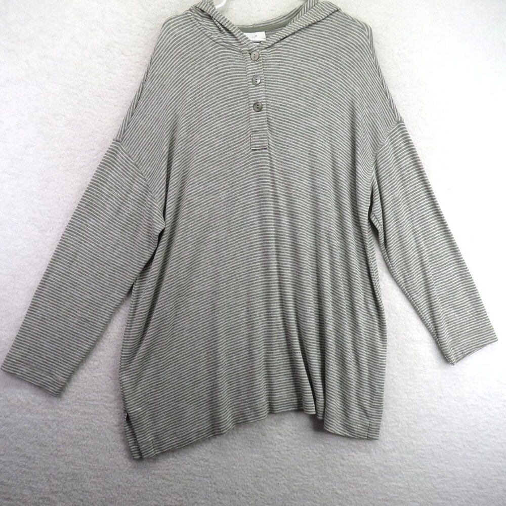 J. Jill Shirt‎ Womens XL Gray White Striped Hooded Henley Long Sleeve Pullover